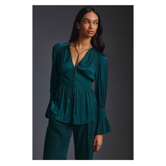 Anthropologie Deep V Dark Green Blouse - Picture 1 of 9
